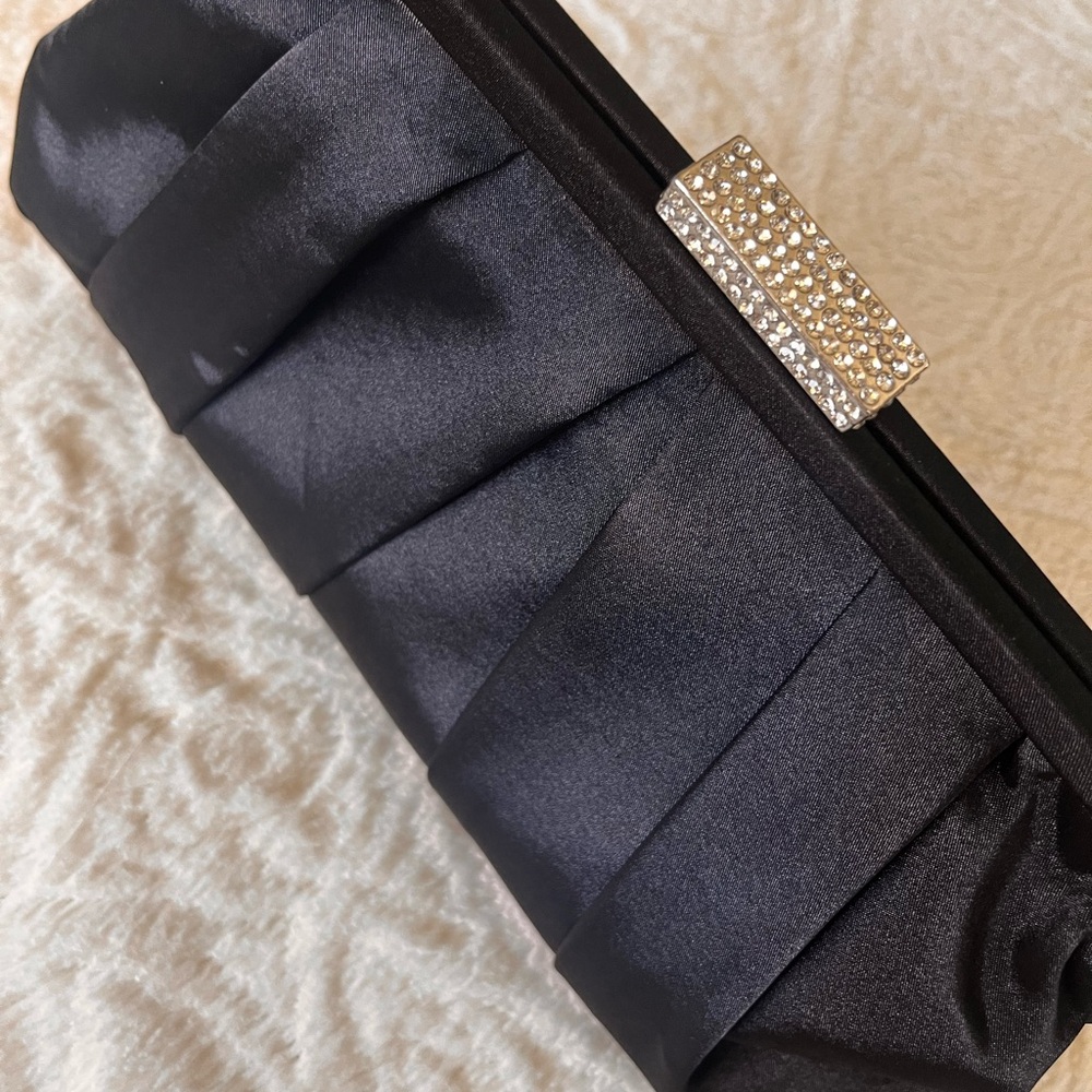Elegant Black Satin Clutch with Rhinestone Detail